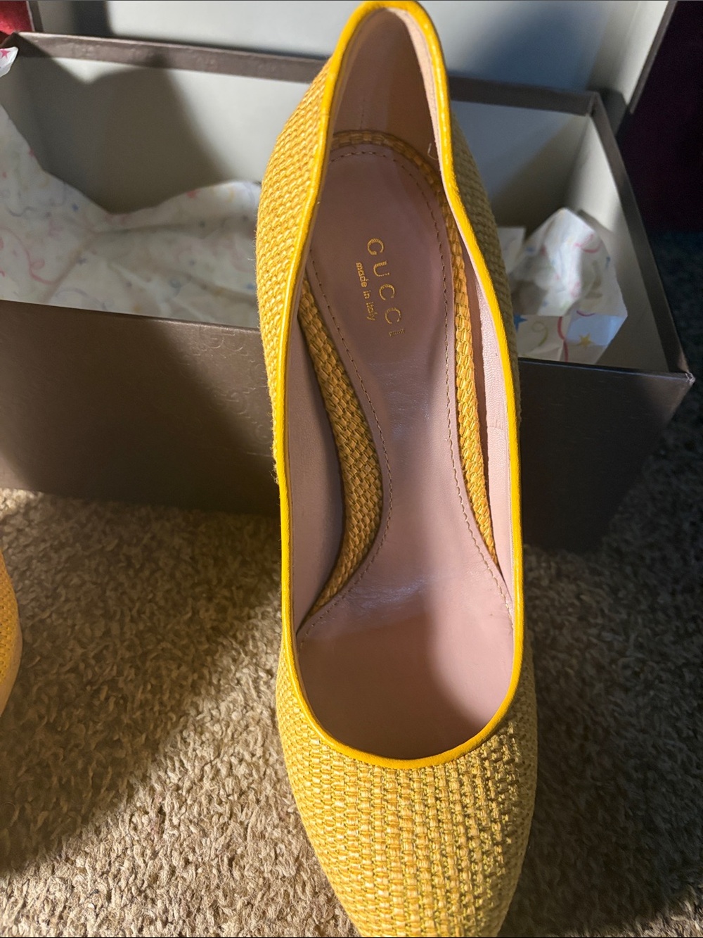 Gucci Bright Yellow Woven Round-Toe Pumps - Picture 2 of 5